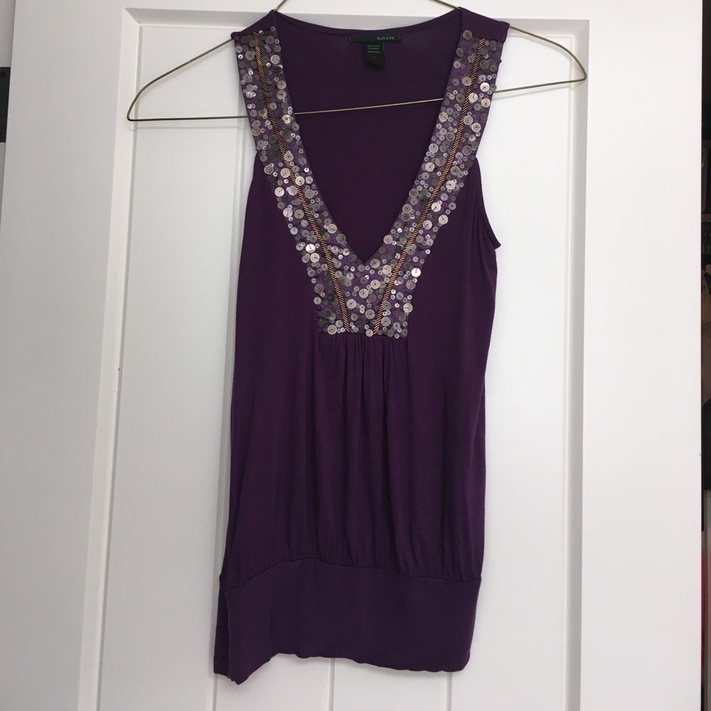 Rain Purple Disc Sequin Gold Bead V-Neck Viscose Top Small